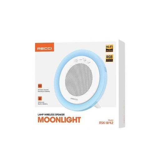 OBtech Recci Moonlight Series wireless Bluetooth speaker in white with RGB light ring and packaging box