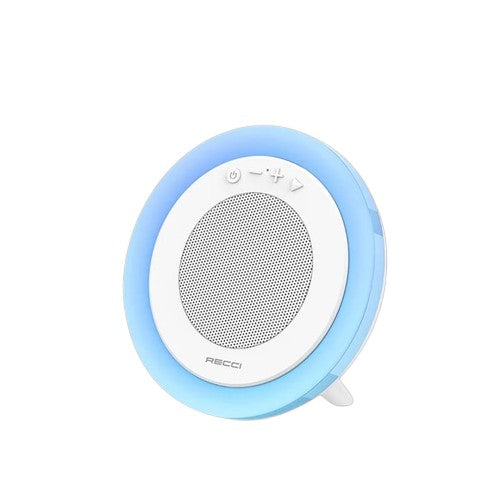 OBtech Recci Moonlight wireless Bluetooth speaker with white circular design and glowing blue RGB light ring