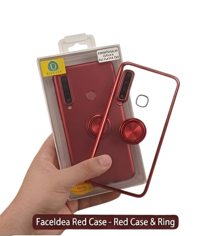 OBtech red smartphone case with integrated magnetic ring and transparent back, shown in packaging on a desk.