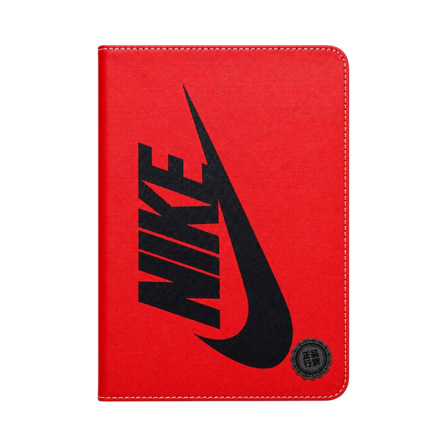 OBtech Hu Ang red Samsung T825 tablet book cover with a prominent black Nike swoosh logo and stitched edges.