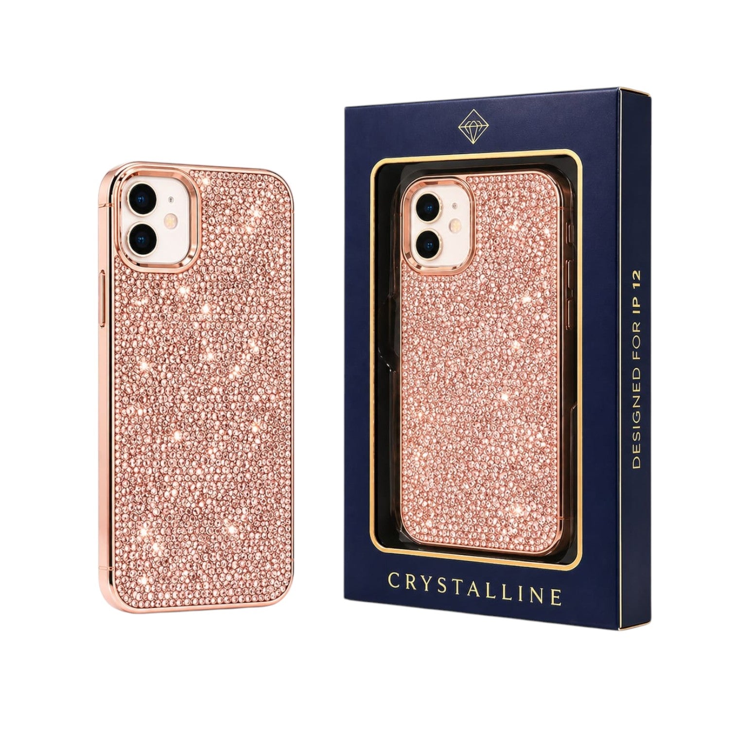OBtech rose gold glitter iPhone 12 case with crystal embellishments and matching retail packaging box.