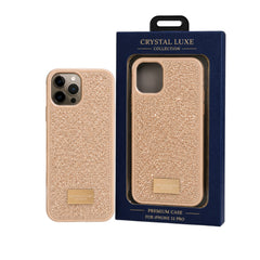 OBtech iPhone 12 Pro glitter case in rose gold with Crystal Luxe branding and matching retail packaging.
