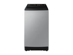 OBtech Samsung 13kg top-load washing machine with Eco bubble technology and a sleek silver finish on a black background