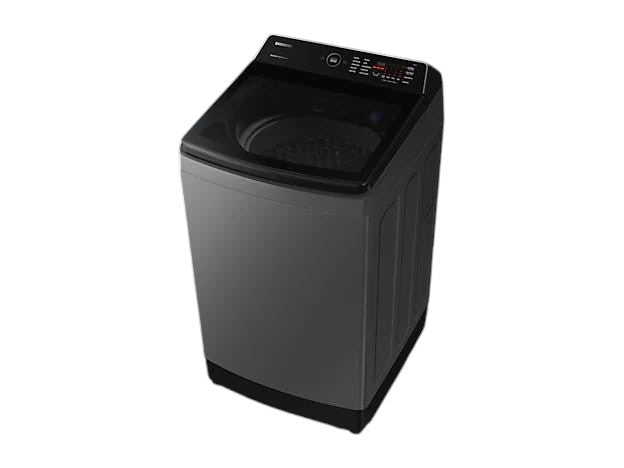 OBtech Samsung 15kg top-load washing machine in grey with a black glass lid and digital LED control panel.