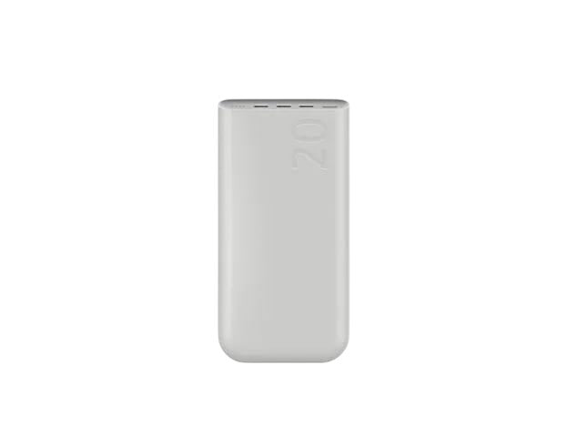 OBtech Samsung 20,000mAh portable battery pack in white with USB-C ports and Super Fast Charging support.