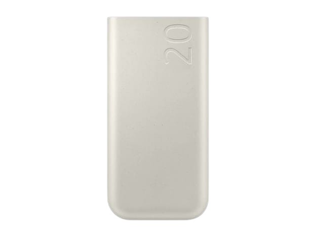 OBtech Samsung 20,000mAh portable battery pack in beige with a sleek, minimalist design and embossed capacity label.