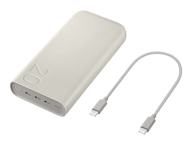 OBtech Samsung 20,000mAh portable battery pack in beige with a USB-C charging cable for fast device power.