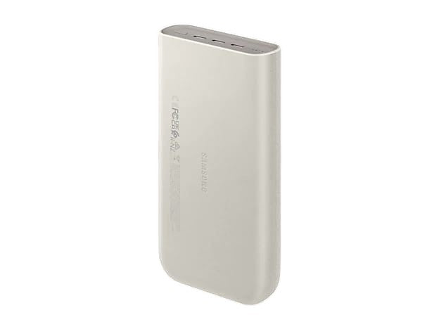 OBtech Samsung 20,000mAh portable power bank in beige with USB-C ports for fast charging multiple devices