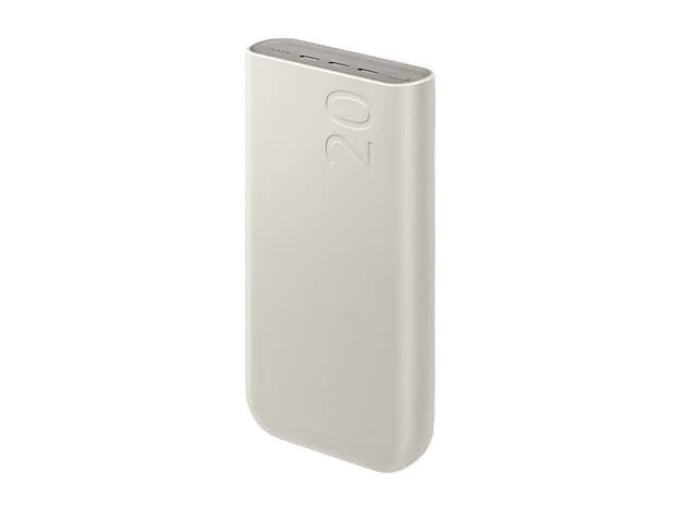 OBtech Samsung 20,000mAh portable power bank in beige with USB-C ports and sleek, durable design for fast charging.