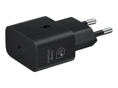 OBtech Samsung 25W USB-C power adapter in black with Super Fast Charging and energy efficiency icons