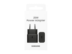 OBtech Samsung 25W USB-C power adapter in black, shown in its white retail packaging box.