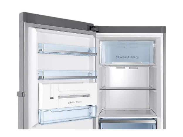 OBtech Samsung 315L 1-door freezer interior with adjustable shelves, Slim Ice Maker, and All-Around Cooling technology.