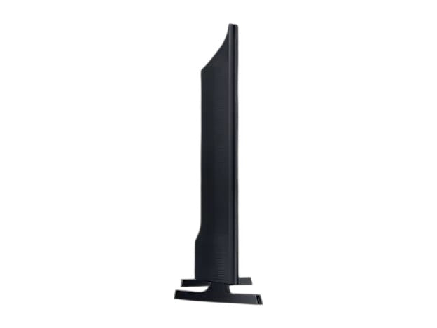 Side profile of the slim black Samsung 32 inch T5300 HD Smart TV with stand from OBtech