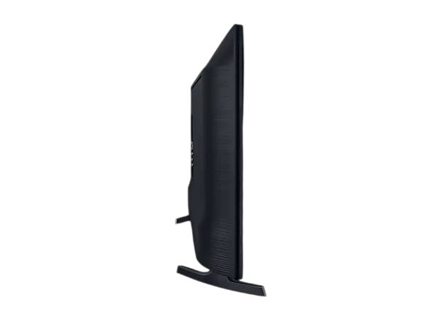 Side view of the slim black Samsung 32 inch T5300 HD Smart TV with stand, available at OBtech.