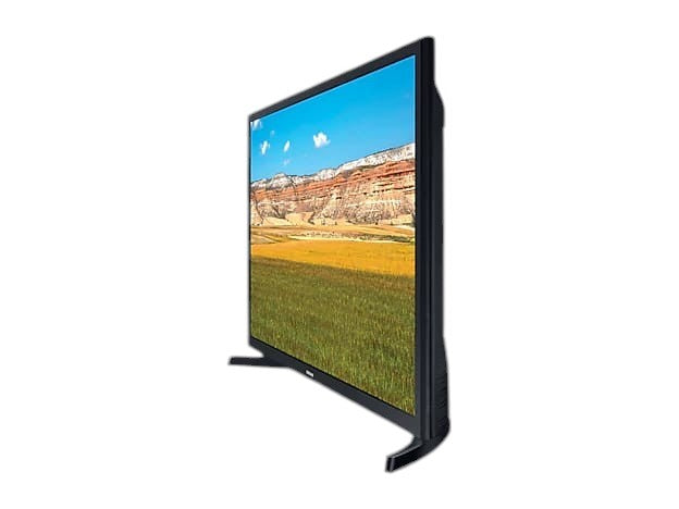 OBtech Samsung 32 inch T5300 HD smart TV with a slim black frame and stand, shown from a side angle.