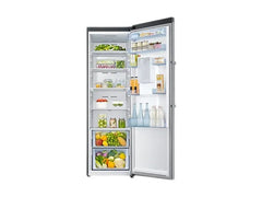 OBtech Samsung 375L 1-door refrigerator with open door showing interior shelves and non-plumbed water dispenser