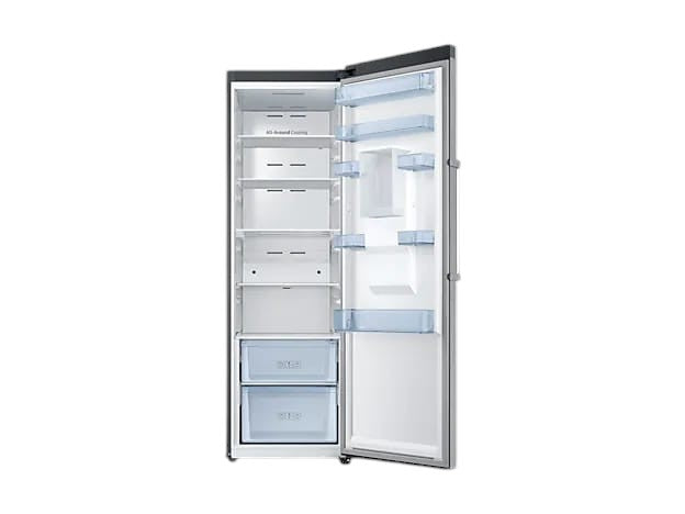 OBtech Samsung 375L single-door refrigerator with open door, interior shelves, and non-plumbed water dispenser