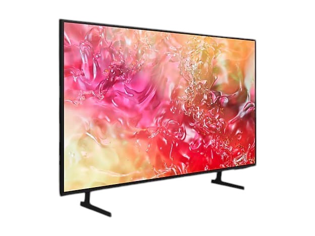 OBtech Samsung 65 inch Crystal UHD 4K Smart TV with slim bezel design displaying vibrant abstract pink and red graphics