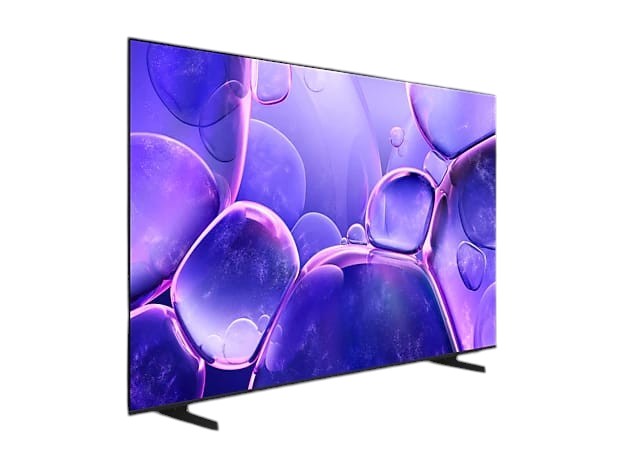 OBtech Samsung 65 inch Crystal UHD 4K Smart TV with slim bezel design displaying vibrant purple abstract bubbles