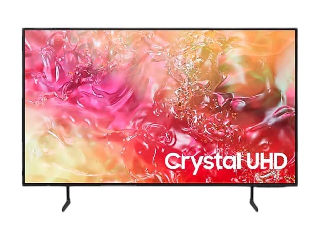 OBtech Samsung 65 inch Crystal UHD 4K Smart TV with a slim bezel design displaying vibrant abstract pink graphics.