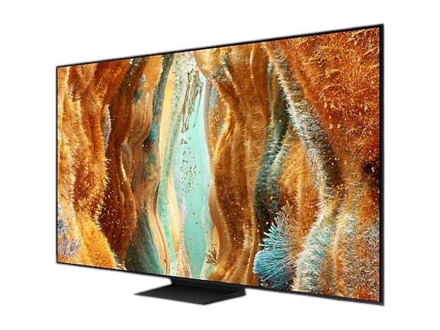 OBtech Samsung 65-inch Neo QLED 4K smart TV featuring an ultra-slim AirSlim design and vibrant abstract screen display.