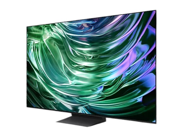 OBtech Samsung 65-inch S90D 4K OLED smart TV featuring an ultra-slim LaserSlim design and vibrant abstract screen art.