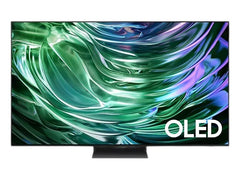 OBtech Samsung 65 inch S90D 4K OLED smart TV featuring a vibrant green abstract display and ultra-slim bezel design.