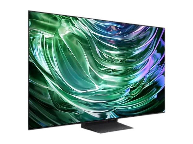 OBtech Samsung 65 inch S90D 4K OLED smart TV with ultra-slim LaserSlim design displaying vibrant green abstract art