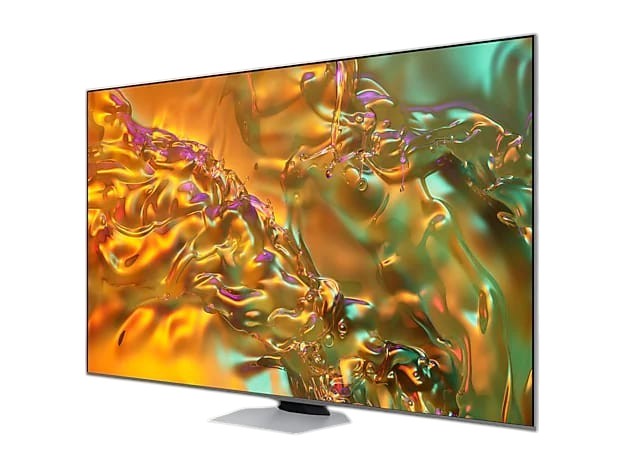 OBtech Samsung 65 inch QLED Q80D 4K Smart TV with slim bezel-less design displaying vibrant abstract liquid gold art