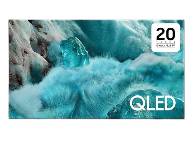 OBtech Samsung 65 inch QLED 4K smart TV displaying vibrant blue ice imagery with a 20 years global number one badge