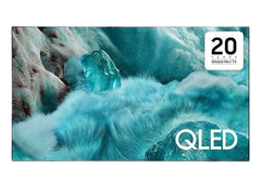 OBtech Samsung 65 inch QLED 4K smart TV displaying vibrant blue ice imagery with a 20 years global number one badge