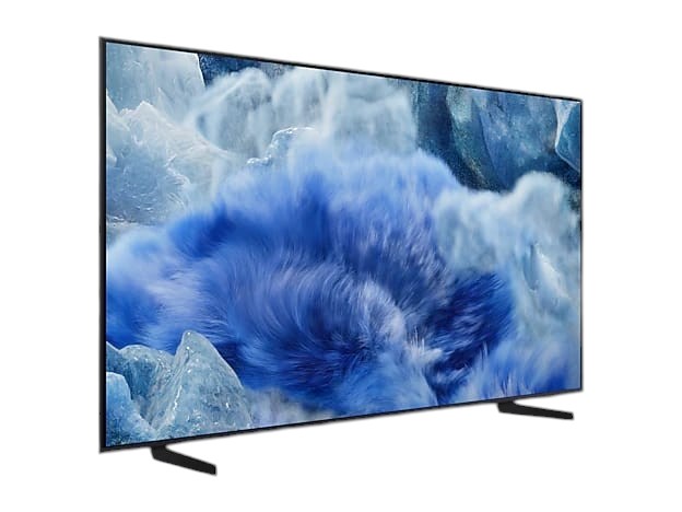 OBtech 65-inch Samsung QLED 4K smart TV with AirSlim design displaying a vibrant blue abstract ice graphic