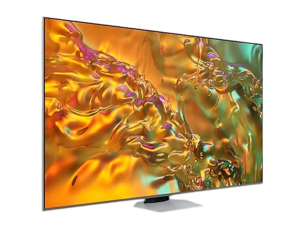 OBtech Samsung 65 inch QLED Q80D 4K Smart TV with slim bezel-less design displaying vibrant abstract liquid gold art