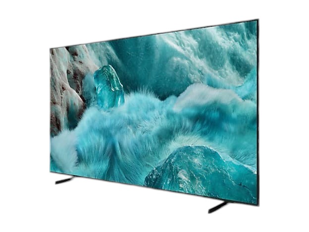OBtech 65-inch Samsung QLED 4K smart TV with slim bezel and vibrant blue ice display on a black background