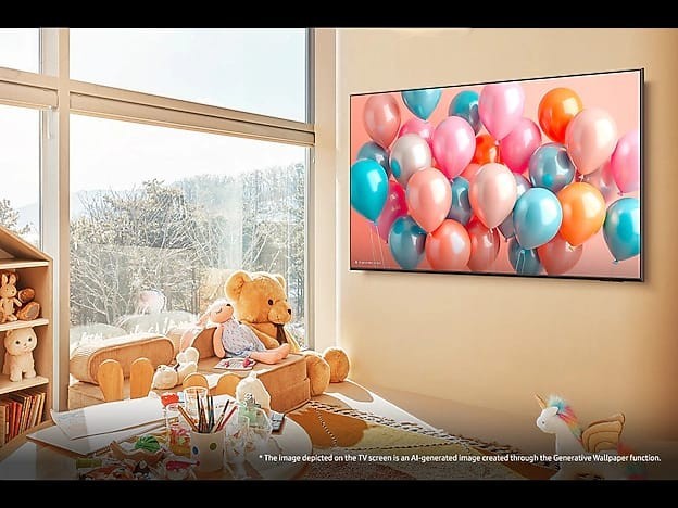 OBtech Samsung 65-inch QLED 4K smart TV mounted on a living room wall displaying colorful balloons on the screen.