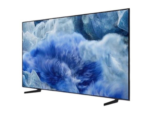 OBtech 65-inch Samsung QLED Q8F 4K smart TV with AirSlim design displaying a vibrant blue abstract visual on screen.