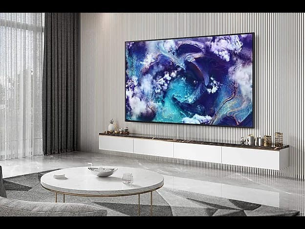 OBtech Samsung 75-inch Neo QLED 8K Smart TV mounted on a modern living room wall with a sleek, ultra-slim bezel design.