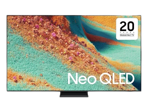OBtech 75-inch Samsung Neo QLED 4K smart TV with ultra-slim bezels displaying a vibrant abstract landscape image.