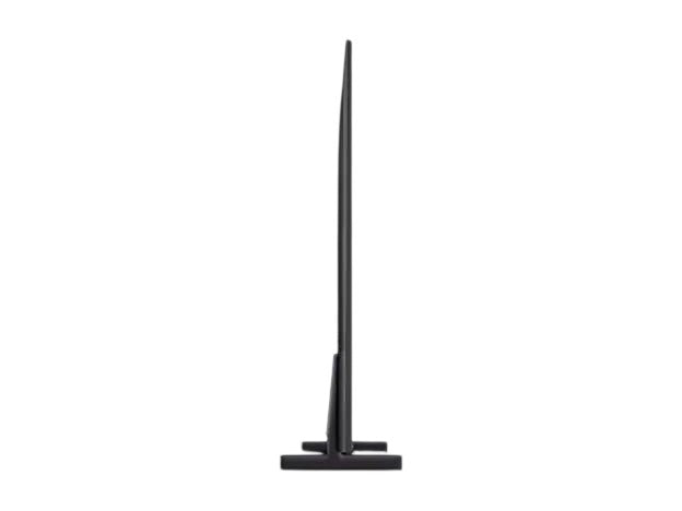 Side profile of the slim OBtech Samsung 85 inch Crystal UHD 4K Smart TV showing its sleek Air Slim design on a stand.
