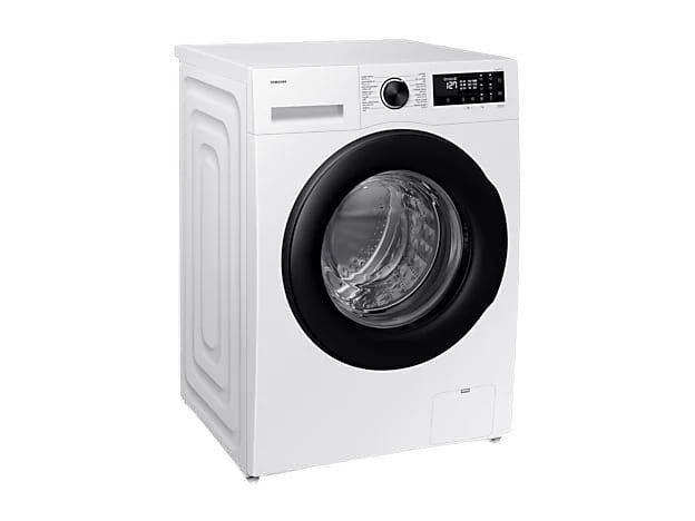 OBtech Samsung 9kg front-load washing machine in white with a black door, digital display, and AI Ecobubble technology.