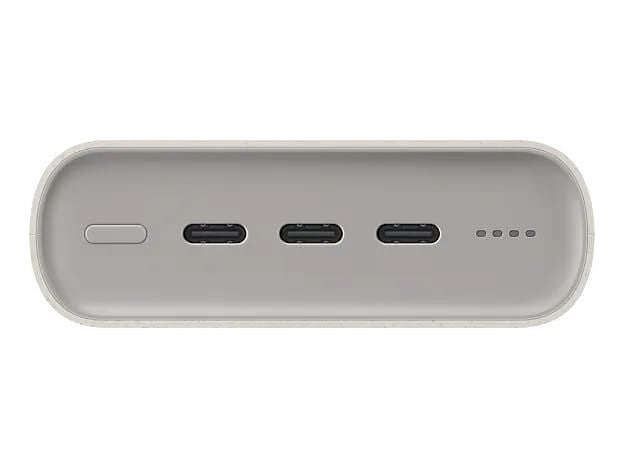 OBtech Samsung 20,000mAh battery pack top view showing three USB-C ports, power button, and LED indicator lights.