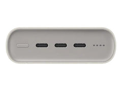 OBtech Samsung 20,000mAh battery pack top view showing three USB-C ports, power button, and LED indicator lights.