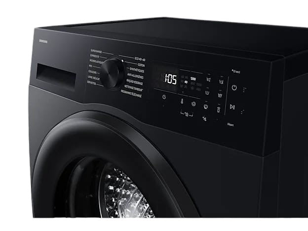OBtech Samsung 8kg front-load washer in black with a digital LED display and cycle selection dial