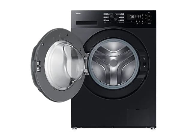 OBtech Samsung 9kg front-load washing machine in black with open door and digital LED display panel