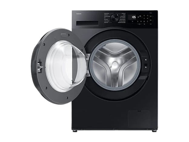 OBtech Samsung 8kg front-load washing machine in black with open door and digital LED display panel