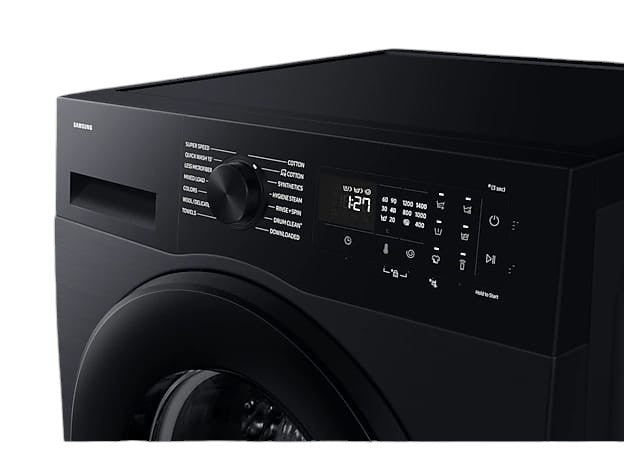 OBtech Samsung front-load washer with black finish, digital LED display, and cycle selection dial.