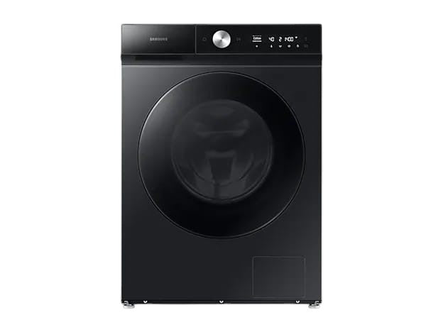 OBtech Samsung AI Eco bubble washer dryer combo in sleek black with a tempered glass door and digital control panel.