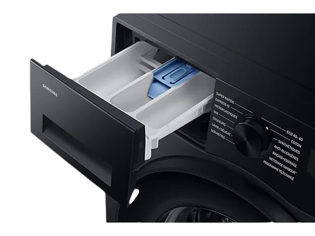 OBtech Samsung front-load washing machine featuring a pull-out detergent drawer and a black control panel interface.