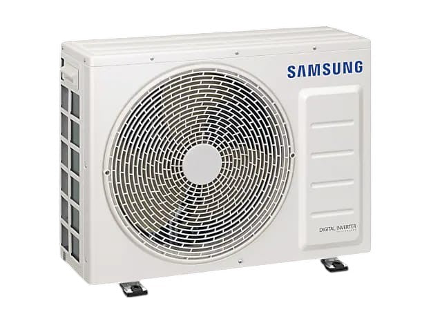 OBtech Samsung digital inverter wall-mount air conditioner outdoor unit in white with circular fan grille