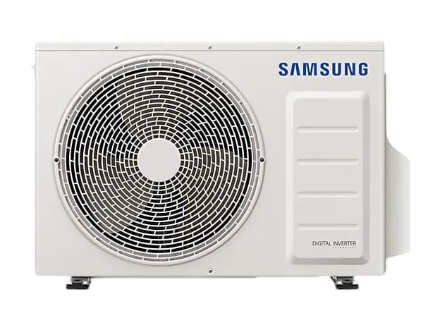 OBtech Samsung 18,000 BTU digital inverter outdoor air conditioner unit in white with a circular fan grille.